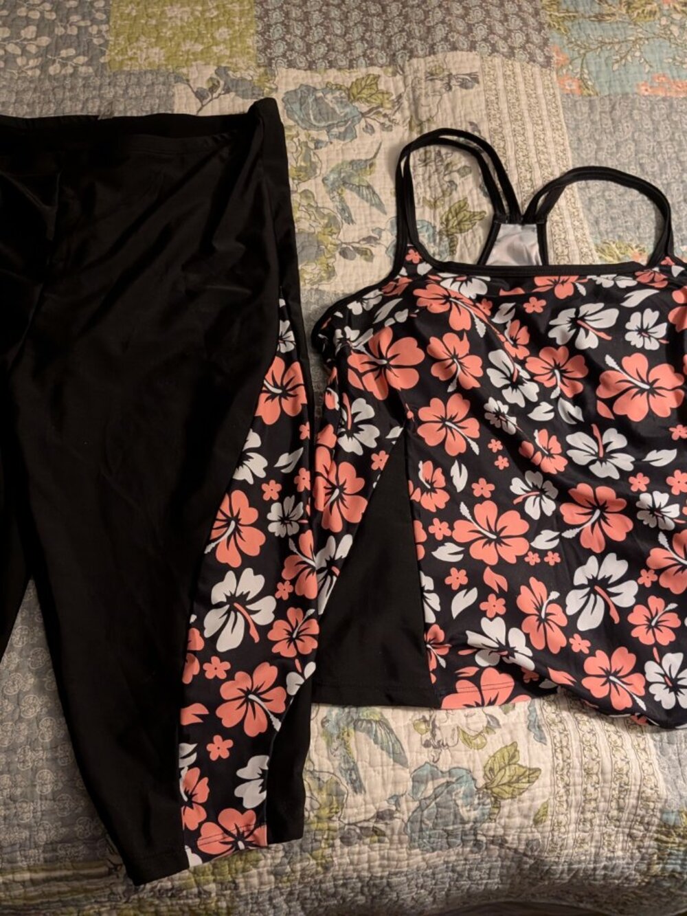 Hanna Nikole 3X Floral Pink White 2Pc Swimsuit Tankini Top Flowy